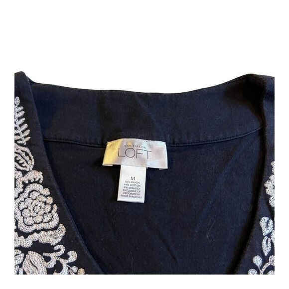 LOFT Womens Navy Blue Sleeveless Floral Embroidered Collar Bow Medium Tank Top - Picture 3 of 6